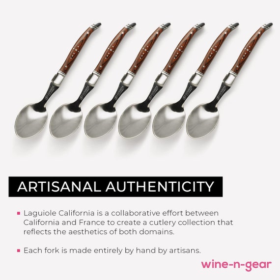 Laguiole California Spoon Set 6 Piece Naturalwood Set Ergonomic Handles  Stored in a California Oakwood Gift Box Stainless Steel 