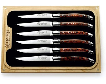 Facas para bife Laguiole California - Conjunto de 6 peças de pau-rosa - Cabos ergonômicos - Armazenadas em uma caixa de presente de madeira de carvalho da Califórnia - Extremamente afiadas