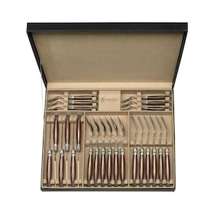 Laguiole California Silber Besteck Set - 24 Teiliges Rosenholz Set - Ergonomische Griffe - Aufbewahrt in einer Leder Geschenkbox - Geschirr