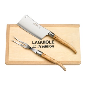 Cheese Knife & Fork Set in Pinewood Gift Box by Laguiole France - Handmade in France (Birchwood)