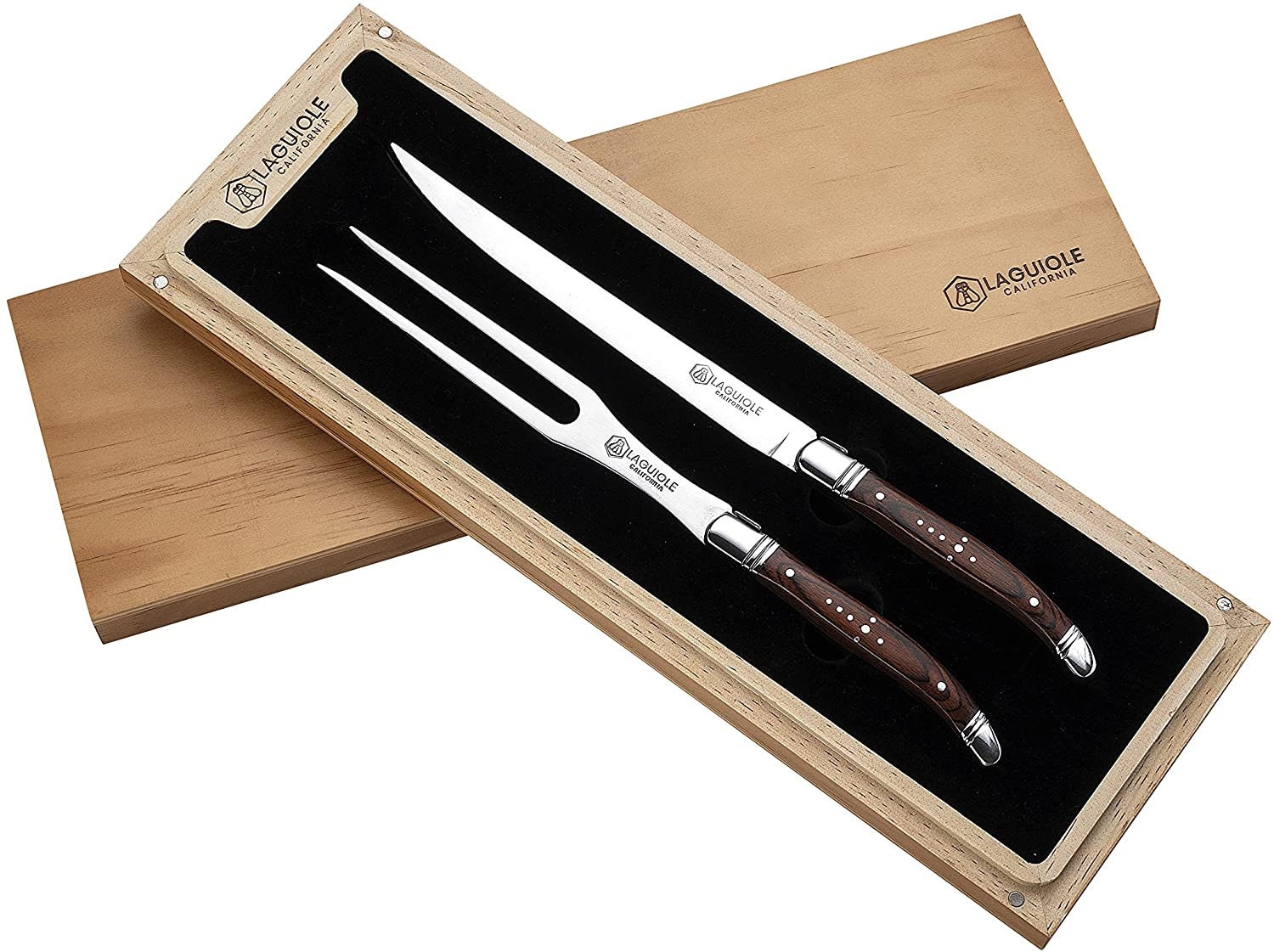 Conjunto de garfo e faca de trinchar Laguiole California (11 polegadas) - Jacarandá - Aço inoxidável - Cabos ergonômicos - Armazenado em uma caixa de presente de madeira de carvalho