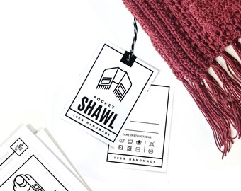 PRINTABLE Pocket Shawl + Pocket Scarf Tags - Downloadable PDF - Bold Style - Mock double sided Labels for handmade pocket scarves & shawls.