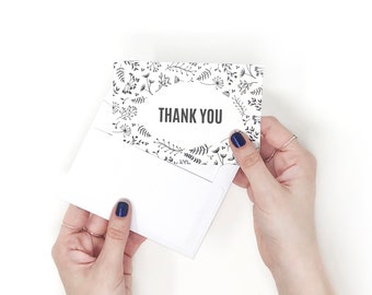 PRINTABLE Thank You Cards - Downloadable PDF. DIY handmade template - Bold style - modern design. Floral elegant pattern. Cards for business