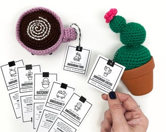 PRINTABLE Amigurumi Tags - Bold style, Downloadable PDF. Crochet doll tags, Handmade toy labels, Hatching doll tags, Crochet cactus tag