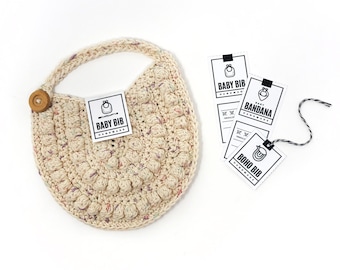 PRINTABLE Baby Bib Tags - Digital PDF - Print at home labels for handmade baby bandanas, market price tags + packaging for crochet child bib