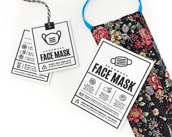 PRINTABLE Face Mask Tags - Downloadable PDF -DIY packaging, hang tags and insert cards for handmade facemasks. Labels for face masks