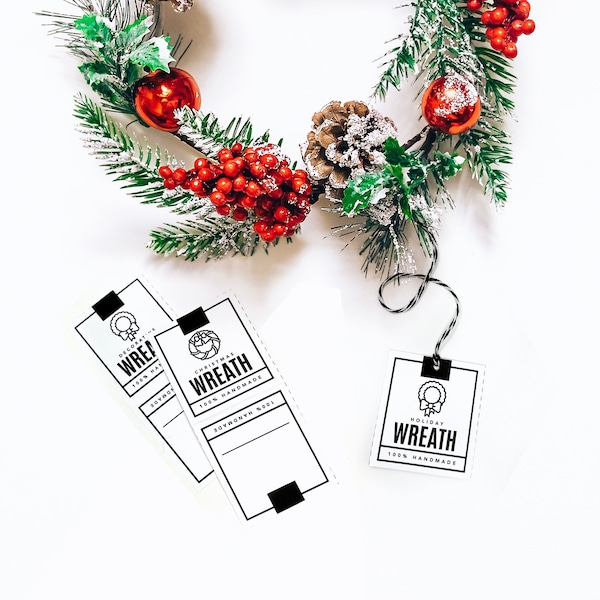 PRINTABLE Wreath Tags - Digital PDF - Hang tags and packaging templates for handmade Christmas and Holiday wreaths. Decorative wreath labels