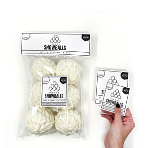PRINTABLE Snowball Packaging - DIGITAL PDF - Insert cards & labels for handmade reusable snowballs. Crochet snowball fight bag topper tags