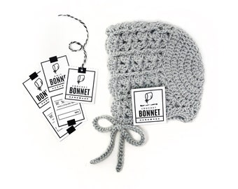 PRINTABLE Bonnet Tags - Downloadable PDF - Two Tag styles - 6 pc - Tags for knit, crochet and other handmade baby bonnets. DIY tags, labels