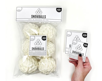 PRINTABLE Snowball Packaging - DIGITAL PDF - Insert cards & labels for handmade reusable snowballs. Crochet snowball fight bag topper tags