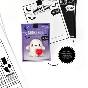 Tarjetas de abrazo de fantasma IMPRIMIBLES - PDF digital - Etiquetas de visualización de embalaje de bricolaje para mini fantasmas de bolsillo. Etiqueta colgante imprimible de peluche amigurumi de Halloween