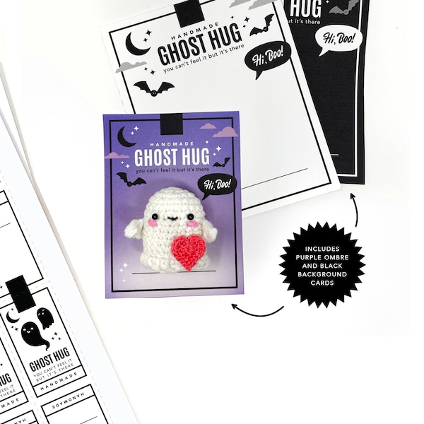PRINTABLE Ghost Hug Cards - Digital PDF - DIY packaging display labels for mini pocket ghosts. Halloween amigurumi plushy printable hang tag