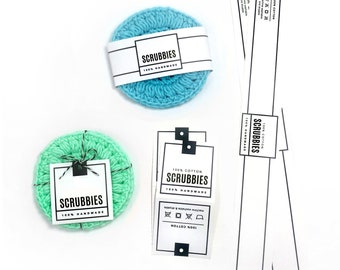 PRINTABLE Scrubbies Tags + Wrap Labels - Digital PDF - Cutout tags wraps + packaging for handmade cotton + polyester scrubbies. Market tags