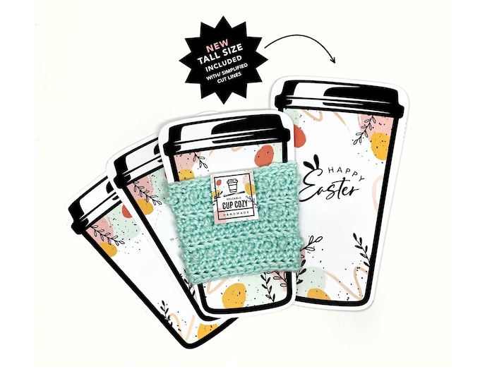 Featured listing image: PRINTABLE Easter Cozy Inserts - Digital PDF - Cut out display cards for handmade coffee sleeve, spring themed cup cozy market packaging tags
