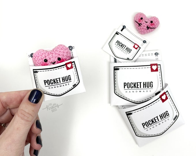 Featured listing image: PRINTABLE Pocket Hug Holder - Digital PDF - market display cards for handmade crochet pocket hearts, cut out price and gift tag templates