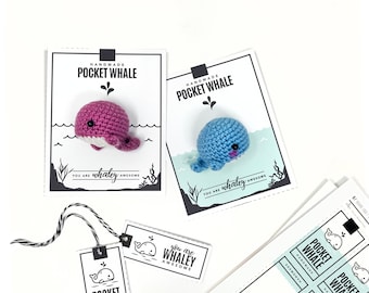 PRINTABLE Pocket Whale Tags - Digital PDF -  display cards packaging for handmade crochet whales, Valentine's day whale gift tags cute whale