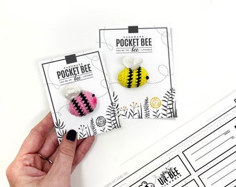 PRINTABLE Pocket Bee Tags - Digital PDF - display cards packaging for handmade bumble bees, Valentine's day bee cards crochet pocket hug tag