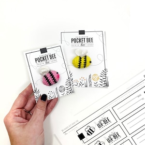 PRINTABLE Pocket Bee Tags - Digital PDF - display cards packaging for handmade bumble bees, Valentine's day bee cards crochet pocket hug tag