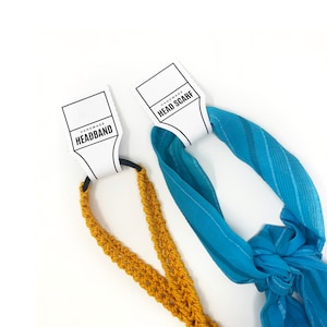 Etiquetas colgantes para diadema IMPRIMIBLES + Pañuelo para la cabeza y etiqueta para envolver la cabeza incluidas - PDF descargable. Etiquetas de productos para accesorios hechos a mano.