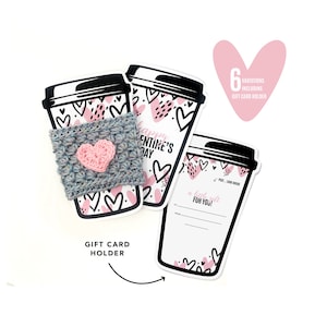DRUCKBARE Valentinstag + Galentines Day Cup Cozy-Vorlage, herunterladbare PDF-Datei. Kaffee Sleeve Display Ausschnitt, Geschenkkartenhalter, Liebe und Herzen.