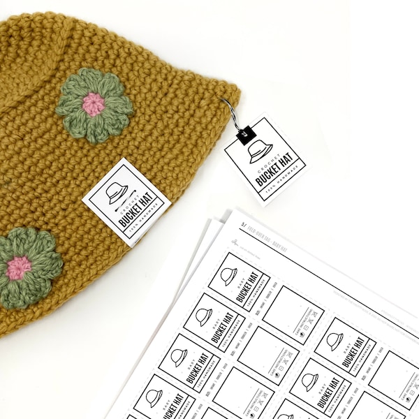 PRINTABLE Bucket Hat & Baby Bucket Hat Tags - Digital PDF - Labels for crochet and knit bucket sun hats, hang tag for handmade hats