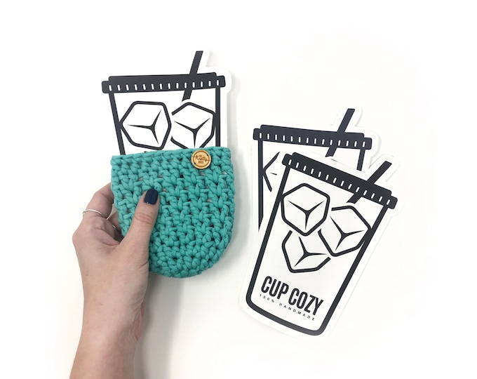 Featured listing image: PRINTABLE Ice Cup Cozy Insert - DIGITAL PDF - cold to-go coffee cup sleeve display card, handmade cozy cutout template, drink cozy packaging