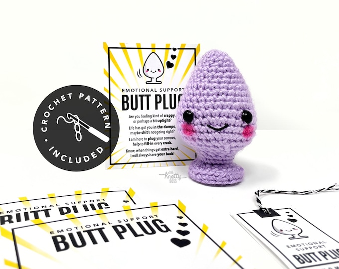 Featured listing image: PRINTABLE Emotional Support Butt Plug Cards & Tags + BONUS Crochet Pattern