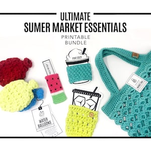 May include: Printable crochet patterns for summer market essentials, including a market bag, water balloon, popsicle holder, and drink cozies. The patterns are available in a bundle.
