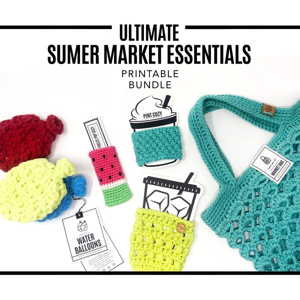 PRINTABLE BUNDLE - Summer Essentials 5pc Downloadable Bundle - PDFs Tags + Templates for cup cozies, market bags, water balloons and more