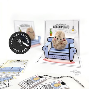 Présentoir à pommes de terre de canapé IMPRIMABLE + modèle de crochet - PDF numérique - carte pop-up de poche pour pommes de terre + étiquette, modèle d'emballage pour pommes de terre faites à la main