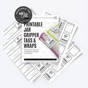 K&ouml;nnte beinhalten: Druckbarer PDF-Download f&uuml;r Etiketten und Verpackungen f&uuml;r Einmachglas-Greifer. Das Bild zeigt einen Satz bedruckbarer Etiketten f&uuml;r Einmachglas-Greifer, Einmachglas-&Ouml;ffner und Greifpolster. Die Etiketten sind schwarzwei&szlig; mit einem einfachen Design.