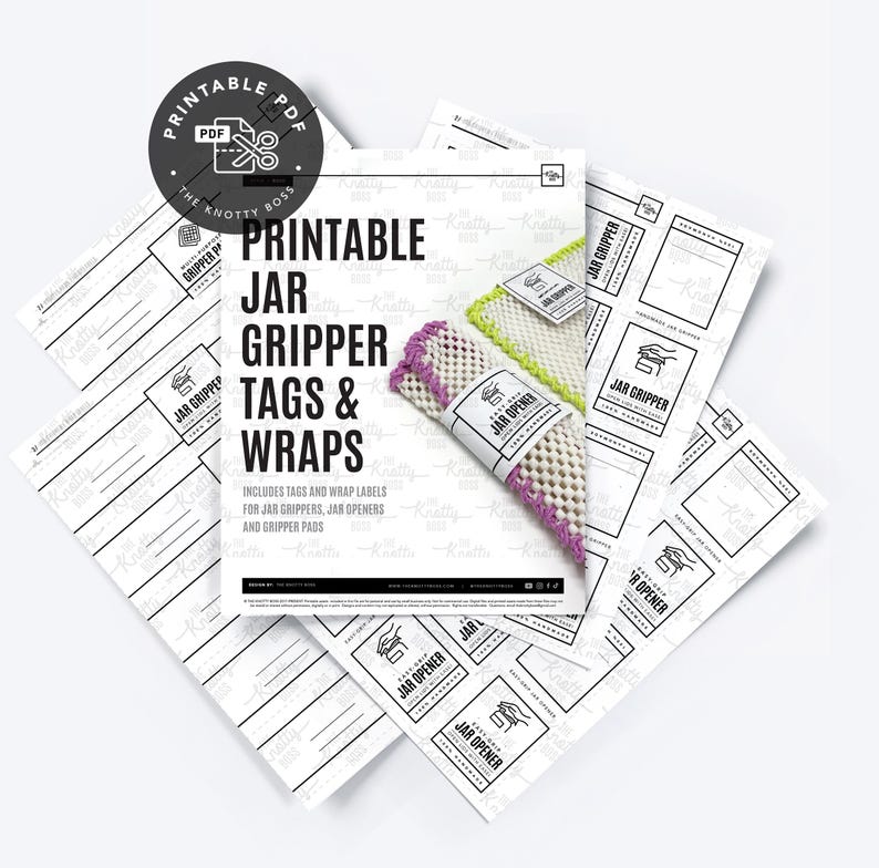 K&ouml;nnte beinhalten: Druckbarer PDF-Download f&uuml;r Etiketten und Verpackungen f&uuml;r Einmachglas-Greifer. Das Bild zeigt einen Satz bedruckbarer Etiketten f&uuml;r Einmachglas-Greifer, Einmachglas-&Ouml;ffner und Greifpolster. Die Etiketten sind schwarzwei&szlig; mit einem einfachen Design.