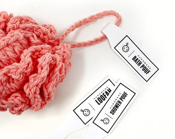 PRINTABLE Shower Pouf Tags + Wrap Labels - Downloadable PDF file. Tag for handmade bath pouf and loofahs. Modern printable packaging cards