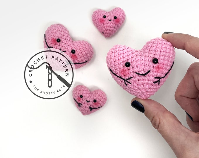 Featured listing image: CROCHET PATTERN - Knotty Pocket Heart - amigurumi 3D heart crochet pattern, cute kawaii pocket hug. valentine gift, handmade mini yarn heart