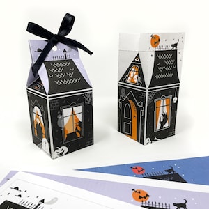 Szablon pudełka na prezent na Halloween do druku - PDF + PNG - nawiedzony dom diy party favor bags. Upiorne ręcznie robione opakowania z potworów w kształcie rezydencji.