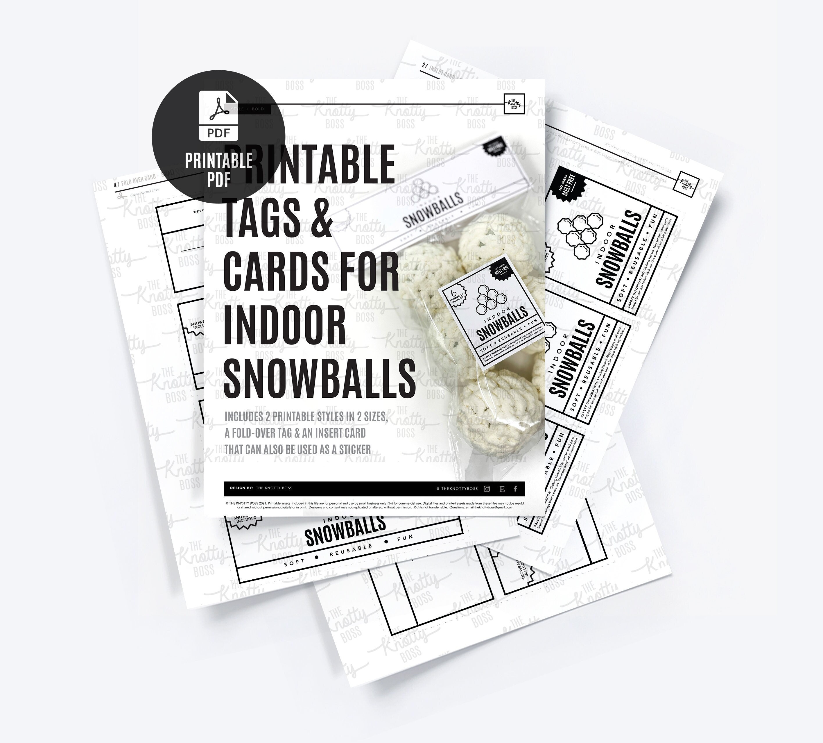 PRINTABLE Snowball Packaging - DIGITAL PDF - Insert cards & labels for  handmade reusable snowballs. Crochet snowball fight bag topper tags