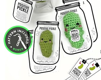 PRINTABLE Positive Pickle display cards + tags - Digital PDF - Handmade crochet emotional support dill labels + templates. Cucumber pattern