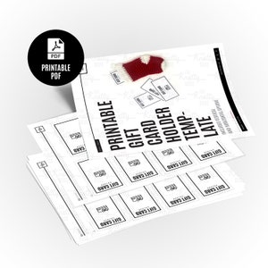 May include: Printable gift card holder template with instructions for vertical and horizontal options. The template is shown on multiple sheets of white paper with a red and white crocheted stocking on top.