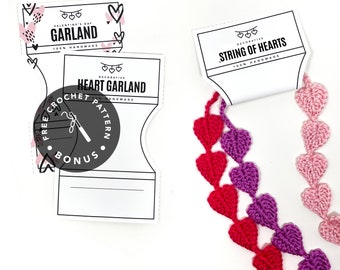 PRINTABLE + PATTERN - Valentine's Day Garland  Printable tags - Digital Pdf - Bonus: free crochet string of hearts pattern. handmade labels