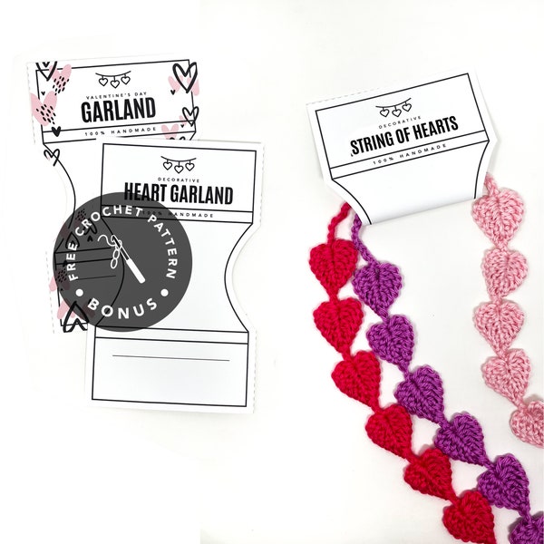 IMPRIMABLE + MOTIF - Guirlande Saint-Valentin Tags imprimables - Pdf numérique - Bonus : motif fil de coeurs au crochet gratuit. étiquettes faites à la main