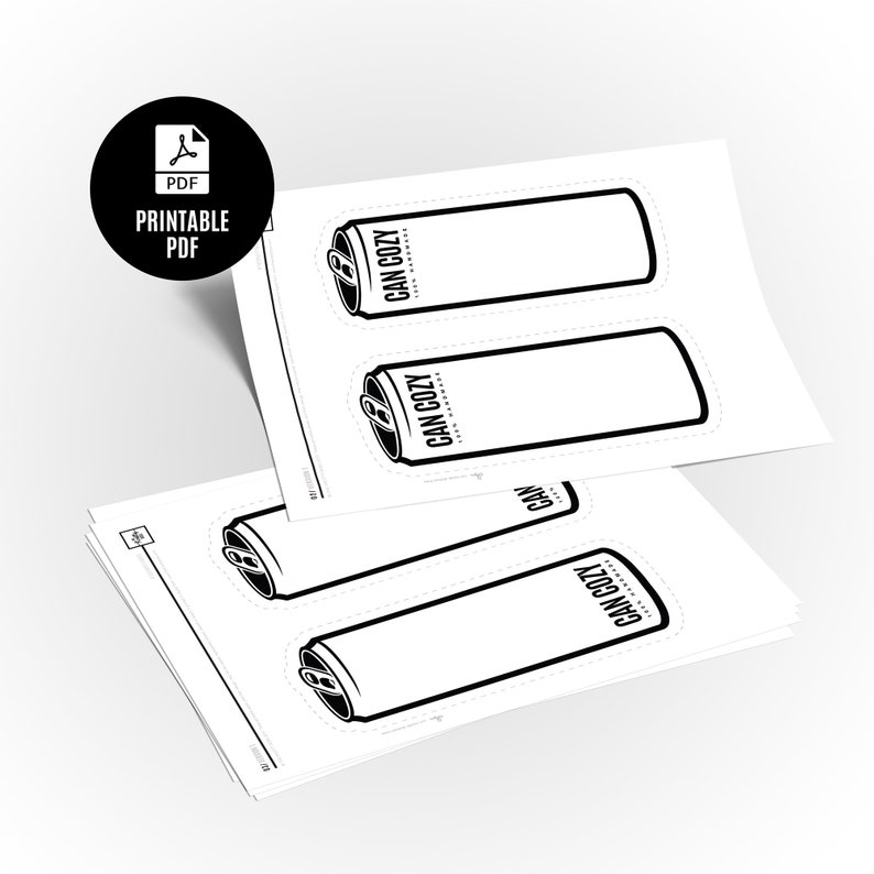 May include: Printable PDF pattern for a black and white can cozy with the text "CAN COZY" on it.