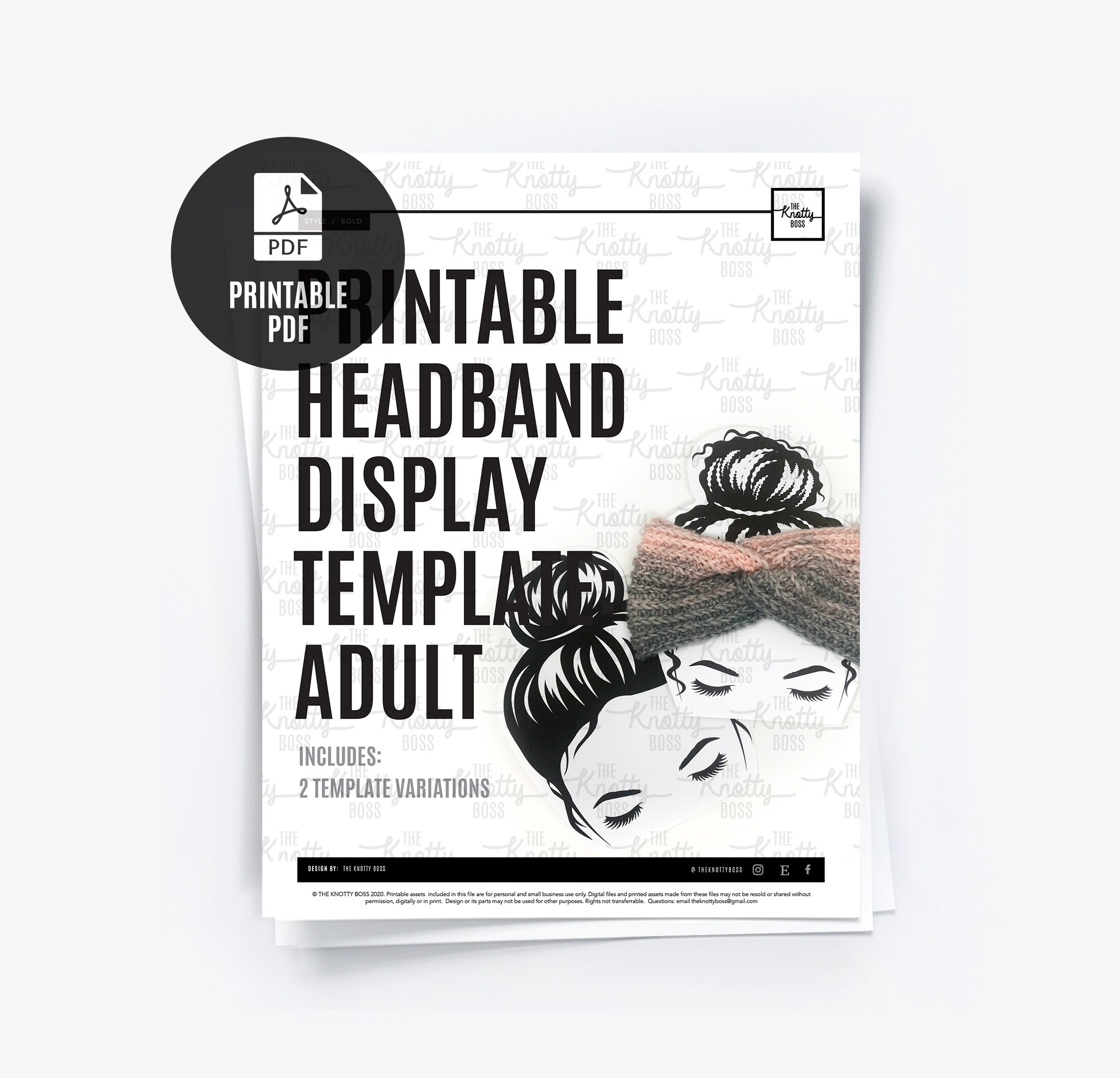 PRINTABLE Headband Display Template ADULT Digital PDF Messy Bun 