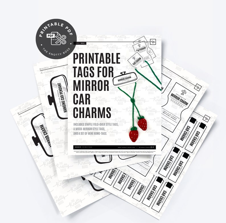 May include: Printable PDF templates for making car charms. The templates include a hanging car pendant, a mock mirror style tag, and mini hang tags. The image shows a sample charm with strawberries.