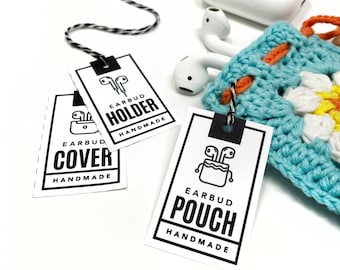 PRINTABLE Earbud Pouch Hang Tags - Digital PDF - Market labels for handmade ear pod covers and holders, mini crochet bag template price tags