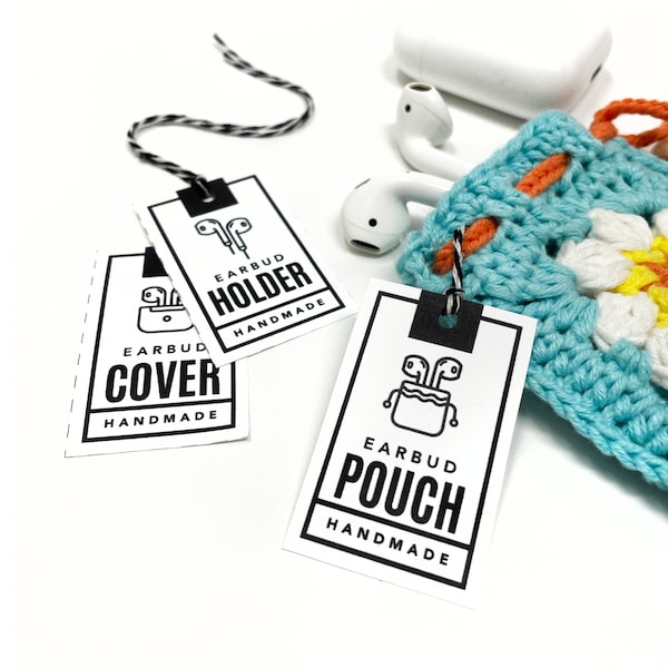 PRINTABLE Earbud Pouch Hang Tags - Digital PDF - Market labels for handmade ear pod covers and holders, mini crochet bag template price tags