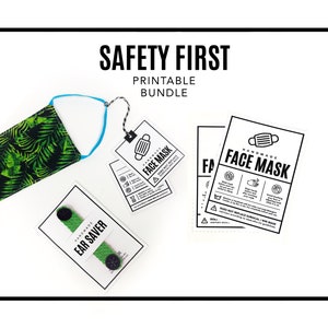 May include: An assortment of face mask accessories and printable materials. Includes a green and black palm leaf print face mask, a green ear saver, and white cards with "FACE MASK" text and safety instructions. The text "SAFETY FIRST PRINTABLE BUNDLE" is at the top.