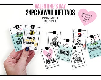 PRINTABLE BUNDLE - 24pc Valentine's Day Gift Tags - Digital PDF - Kawaii animal gift tags + labels, tags for handmade toys & cute plushies