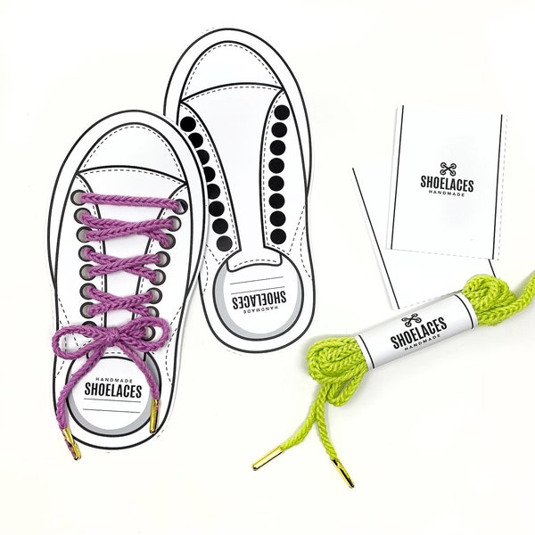 PRINTABLE Shoelace Display Cards + Wrap label - Digital PDF - cut out sneaker template for handmade shoelaces,  packaging for crochet laces
