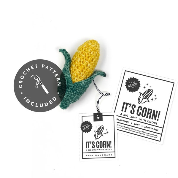 PATTERN + PRINTABLE TAGS - Corn Crochet Pattern + Corn Tags and labels. Crochet corn amigurumi kawaii plushie pattern tutorial instructions.