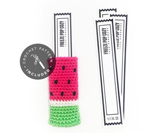 PRINTABLE + PATTERN - Freeze Pop Cozy Inserts + Watermelon popsicle cover Crochet Pattern - ice pop holder label template & icy display tags